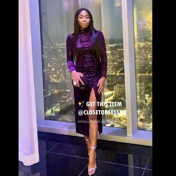 NWT ZARA Sparkly Purple Midi Long Sleeve Dress w Slit & Ruching keyhole back - Picture 16 of 17